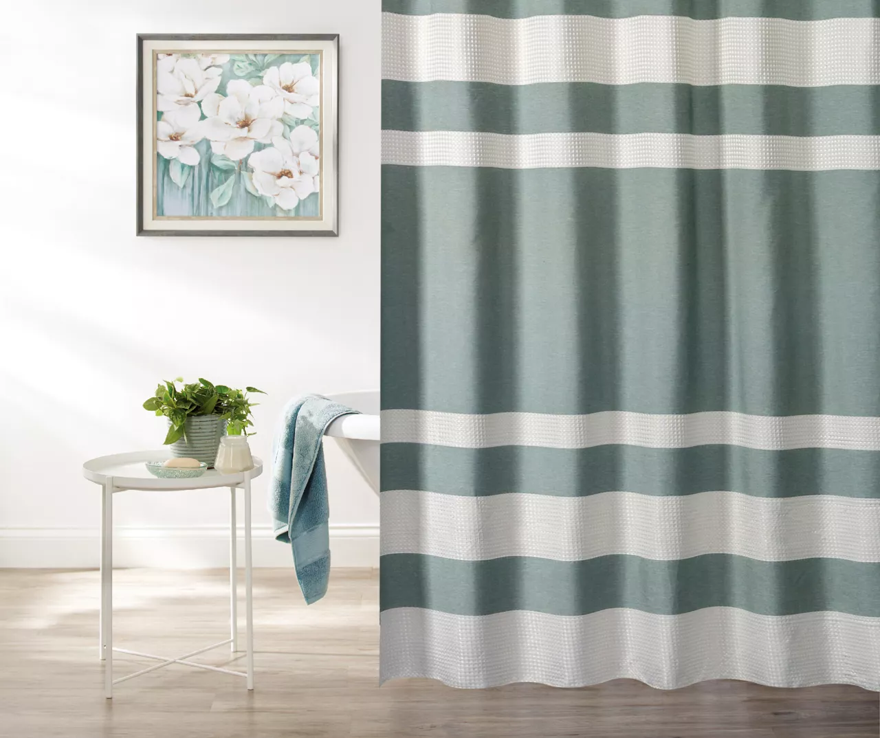 Slate Blue & White Embossed Waffle Striped Shower Curtain Slate Blue & White Embossed Waffle Striped Shower Curtain -Big Lots Furniture Store 810528235