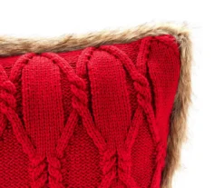 Red Cable-Knit Faux Fur-Trim Throw Pillow -Big Lots Furniture Store 810617278 A8 1