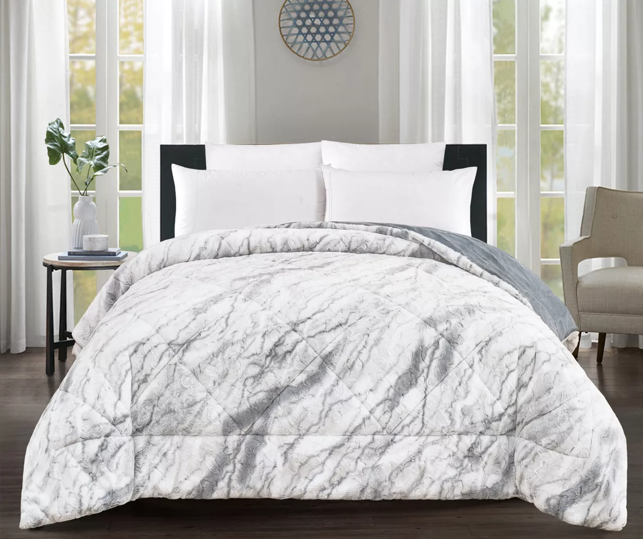 Gray Marble Print Faux Fur Full/Queen Comforter Gray Marble Print Faux Fur Full/Queen Comforter -Big Lots Furniture Store 810617619 810617562 A0 1